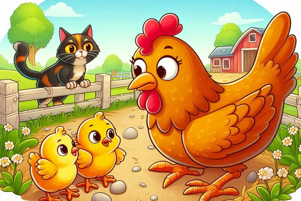 pulcini una gallina e un gatto nella fattoria